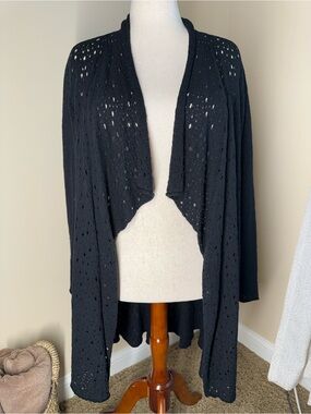 Eileen Fisher Black Open-Front Eyelet Knit Cardigan